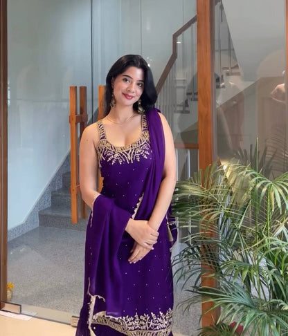 Wedding Wear Purple Color Georgette Bead Handwork Sharara Suit