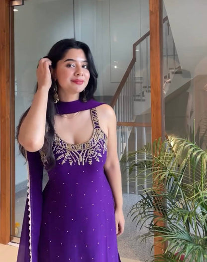 Wedding Wear Purple Color Georgette Bead Handwork Sharara Suit