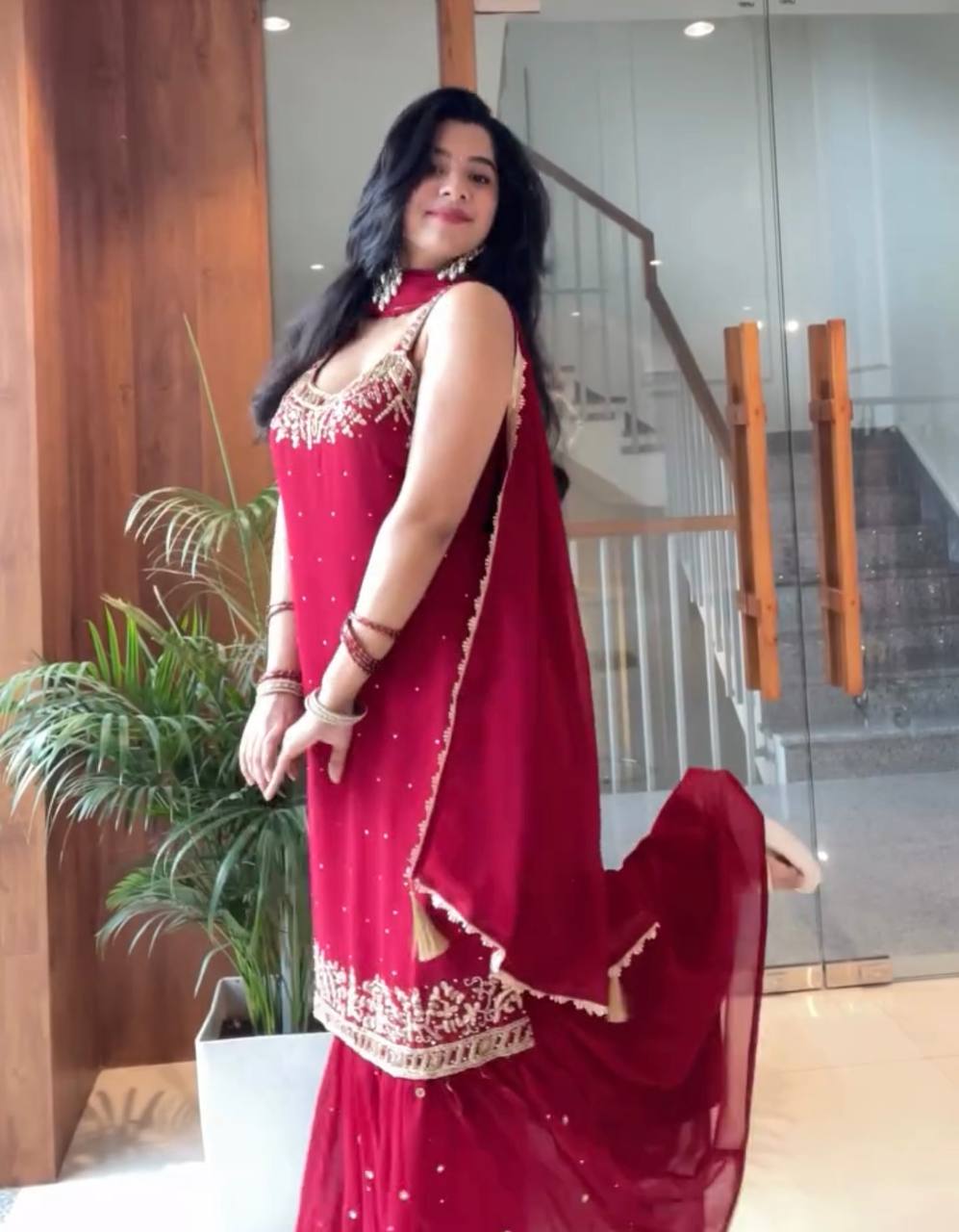 Wedding Wear Red Color Georgette Bead Handwork Sharara Suit