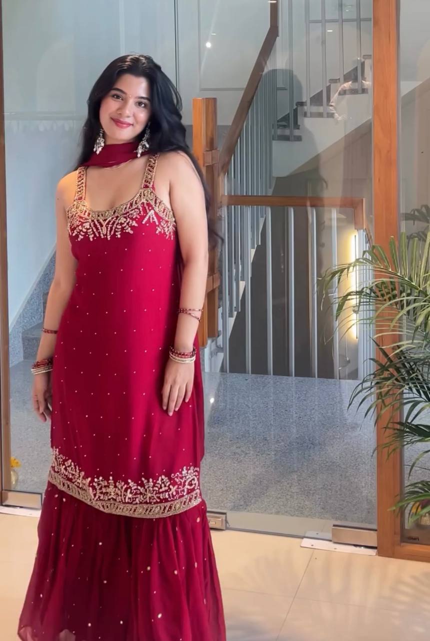 Wedding Wear Red Color Georgette Bead Handwork Sharara Suit