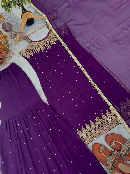 Wedding Wear Purple Color Georgette Bead Handwork Sharara Suit