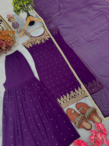 Wedding Wear Purple Color Georgette Bead Handwork Sharara Suit