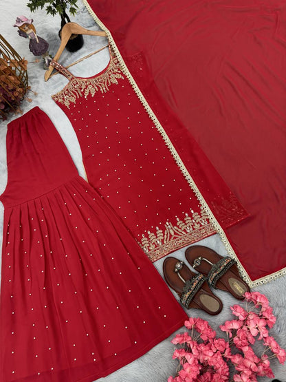 Wedding Wear Red Color Georgette Bead Handwork Sharara Suit