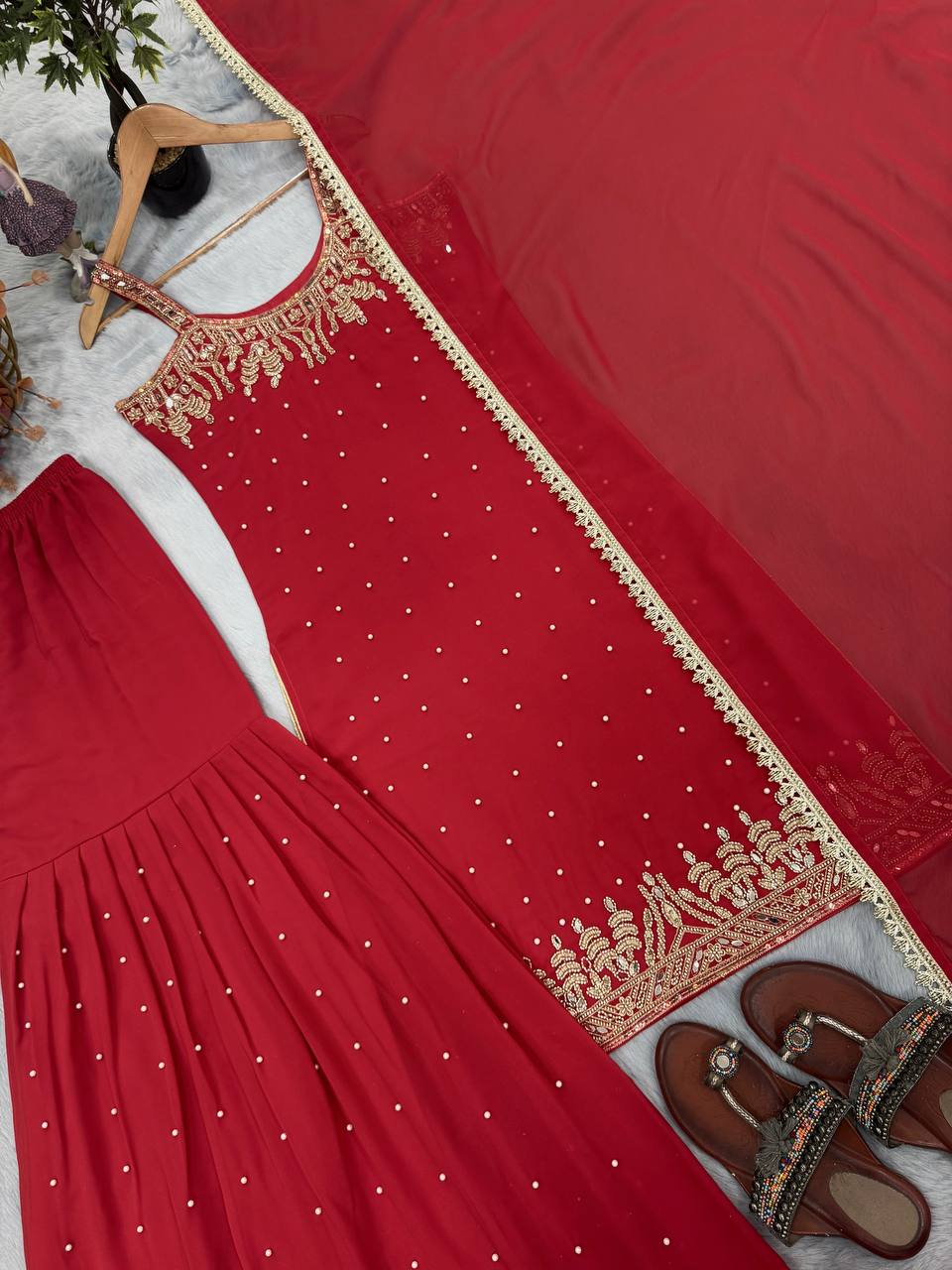 Wedding Wear Red Color Georgette Bead Handwork Sharara Suit