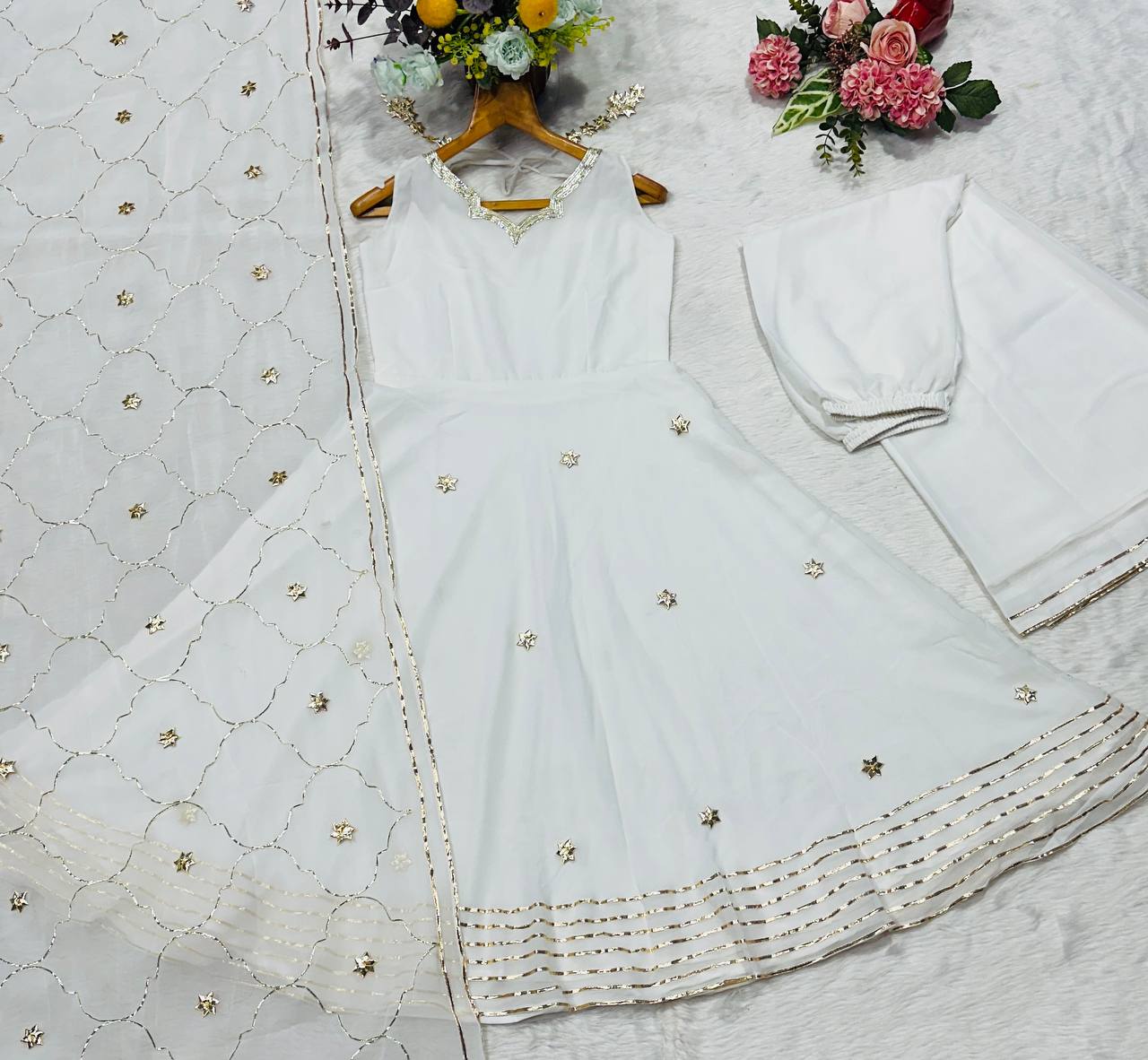 Elegant Off White Color Designer Handwork Anarkali Suit Set