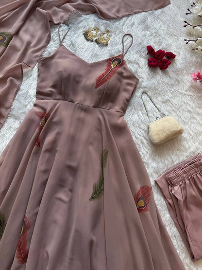 Light Brown Color Handpainted Georgette Anarkali Set