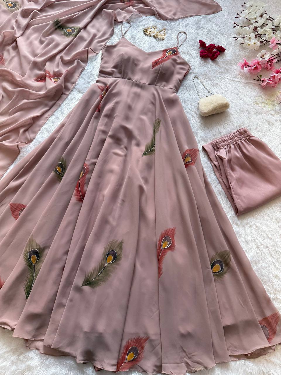 Light Brown Color Handpainted Georgette Anarkali Set