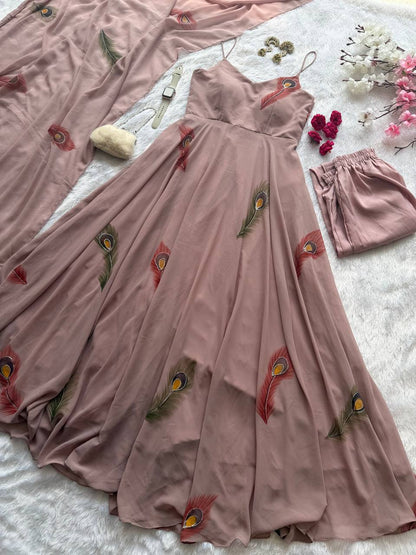 Light Brown Color Handpainted Georgette Anarkali Set