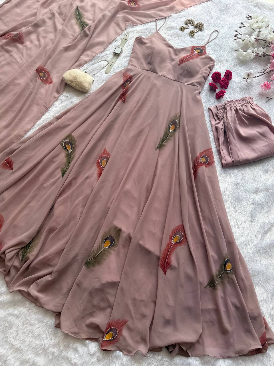 Light Brown Color Handpainted Georgette Anarkali Set