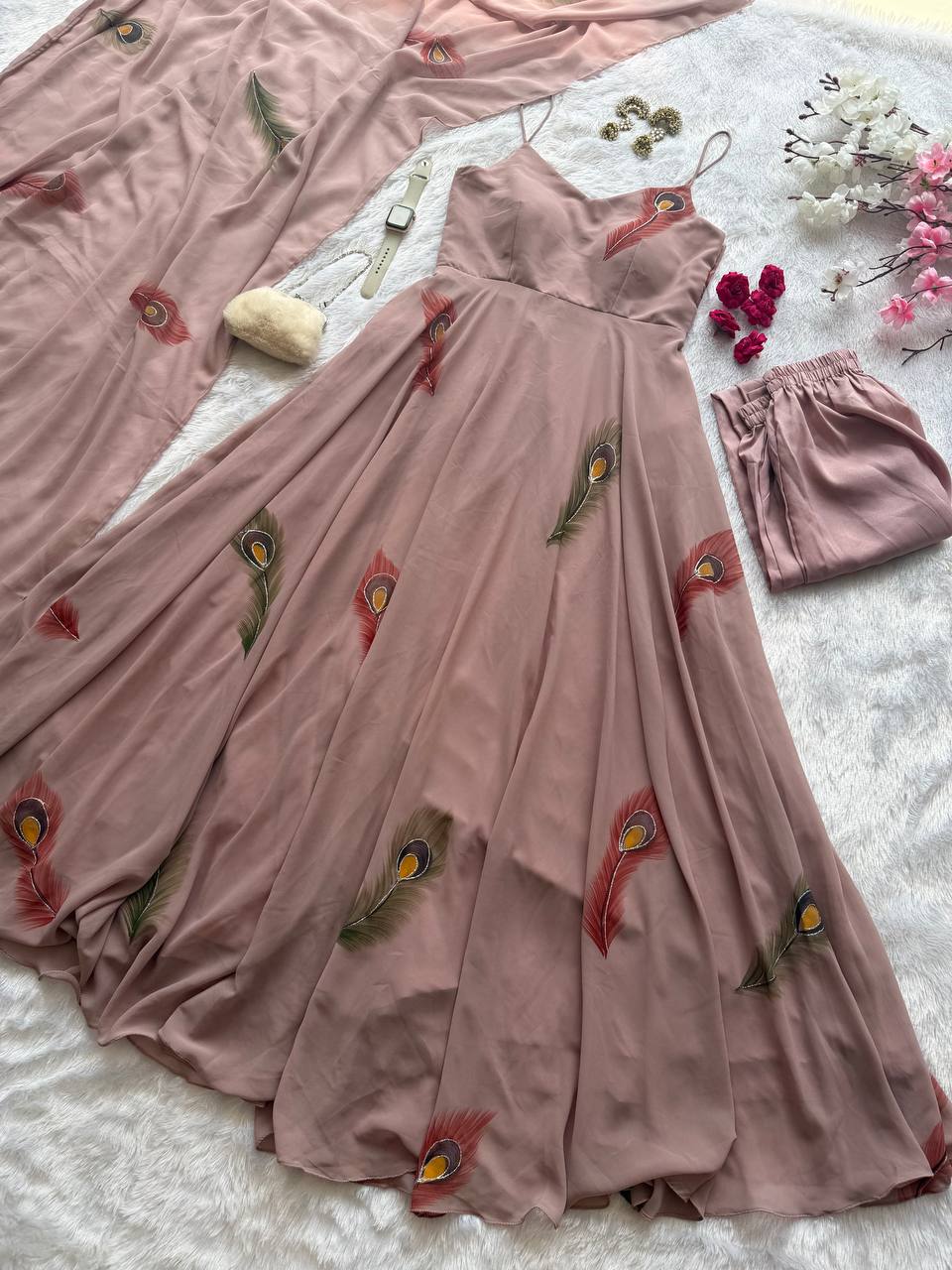 Light Brown Color Handpainted Georgette Anarkali Set