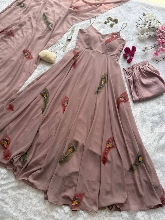 Light Brown Color Handpainted Georgette Anarkali Set