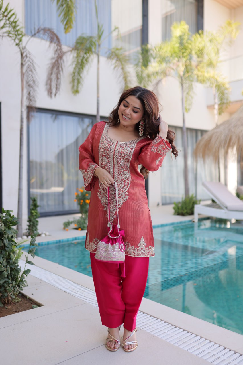 Graceful Peach Color Embroidered Salwar Suit Set