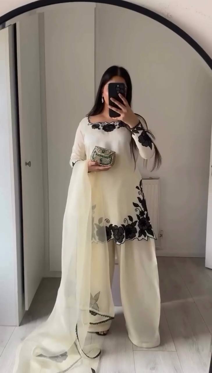 Party Wear Off White Color Fendy Silk Farshi Suit