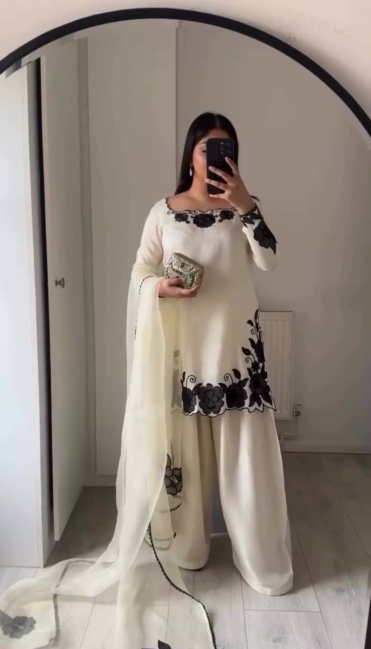 Party Wear Off White Color Fendy Silk Farshi Suit