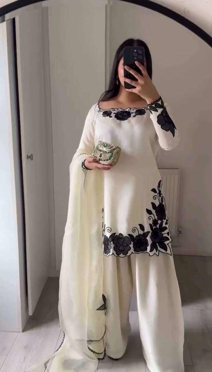 Party Wear Off White Color Fendy Silk Farshi Suit