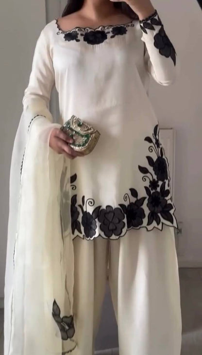 Party Wear Off White Color Fendy Silk Farshi Suit