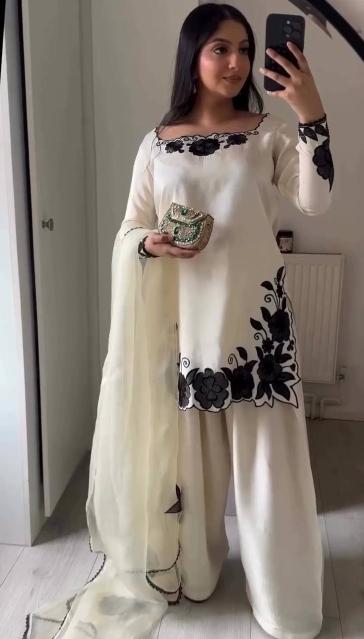 Party Wear Off White Color Fendy Silk Farshi Suit