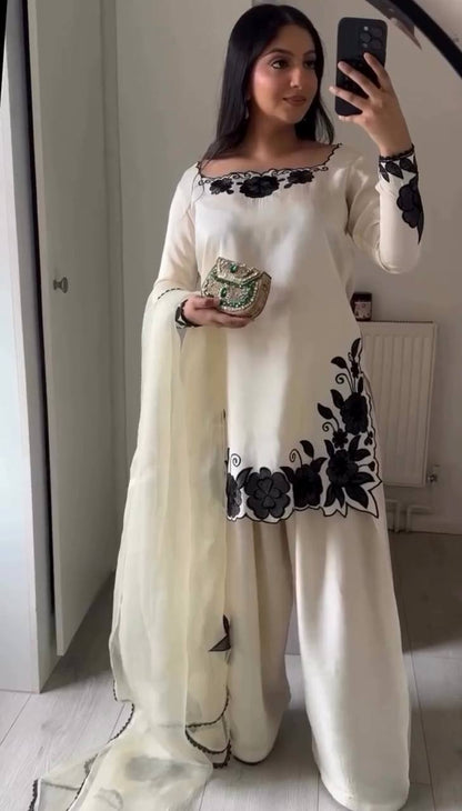Party Wear Off White Color Fendy Silk Farshi Suit