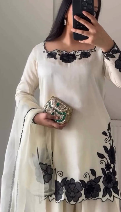 Party Wear Off White Color Fendy Silk Farshi Suit