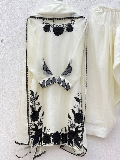 Party Wear Off White Color Fendy Silk Farshi Suit