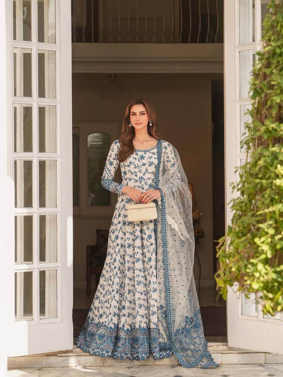 Designer Blue Color Georgette Embroidered Gown Set