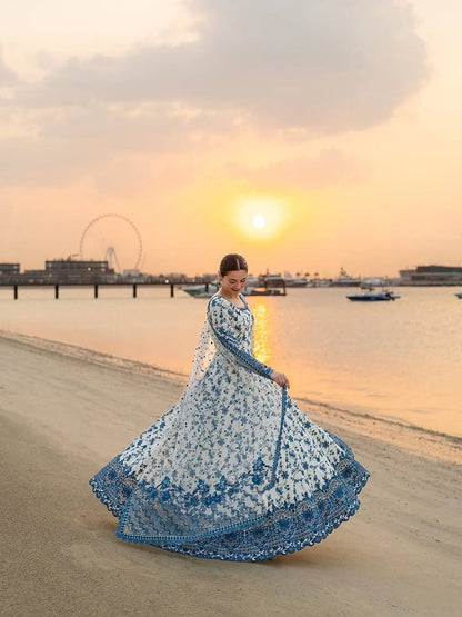 Designer Blue Color Georgette Embroidered Gown Set