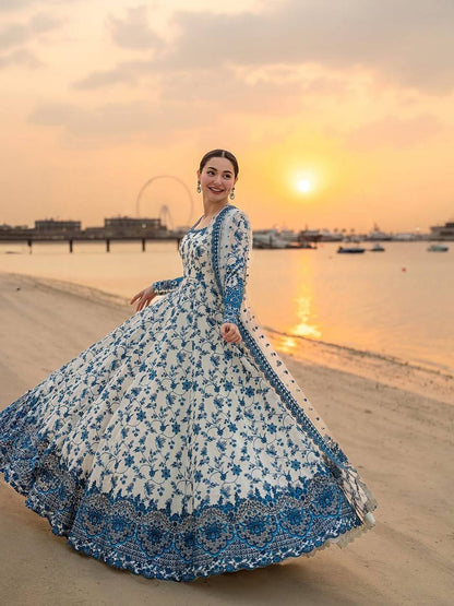 Designer Blue Color Georgette Embroidered Gown Set