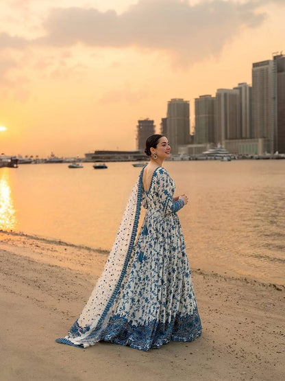Designer Blue Color Georgette Embroidered Gown Set