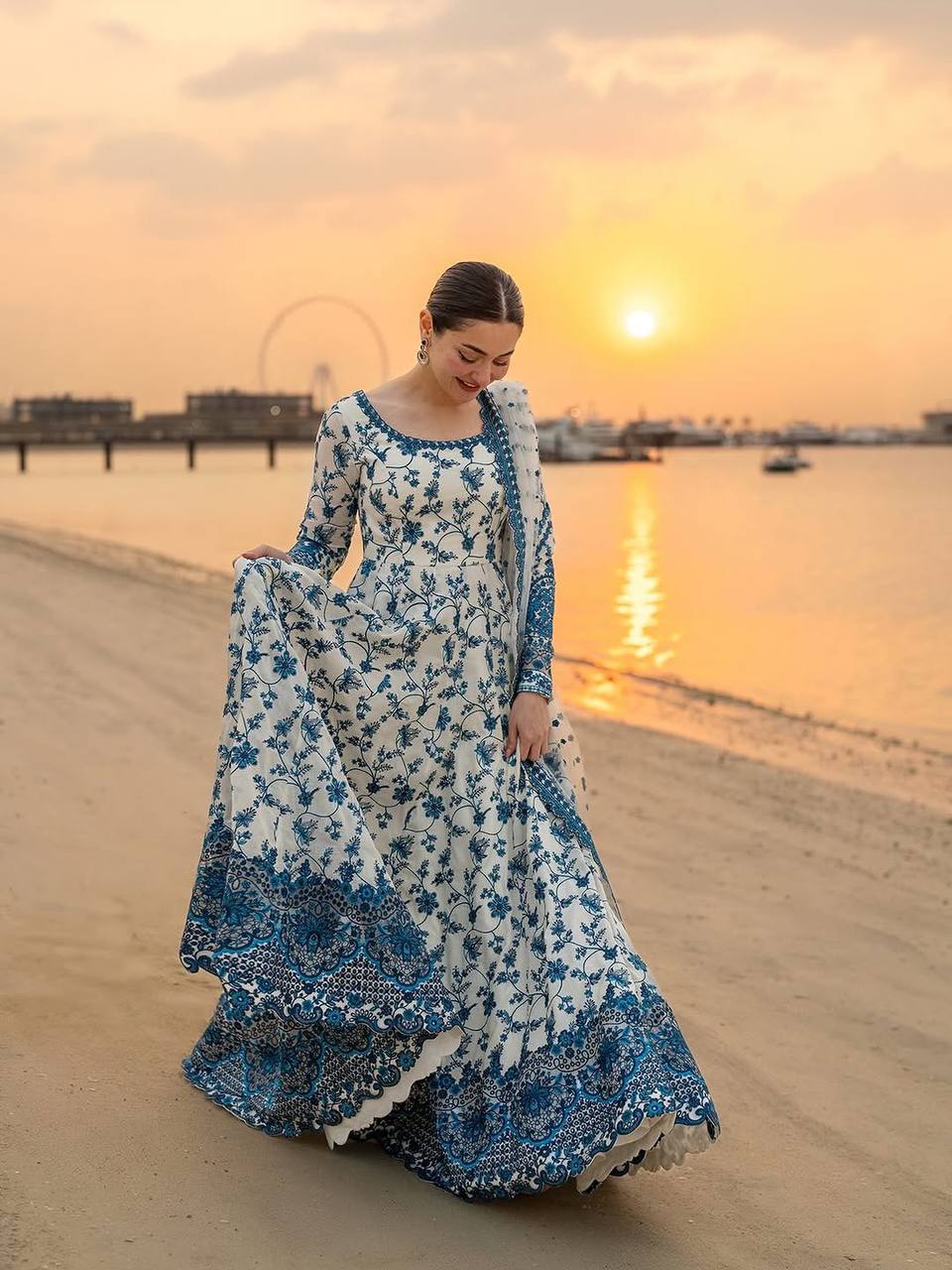 Designer Blue Color Georgette Embroidered Gown Set