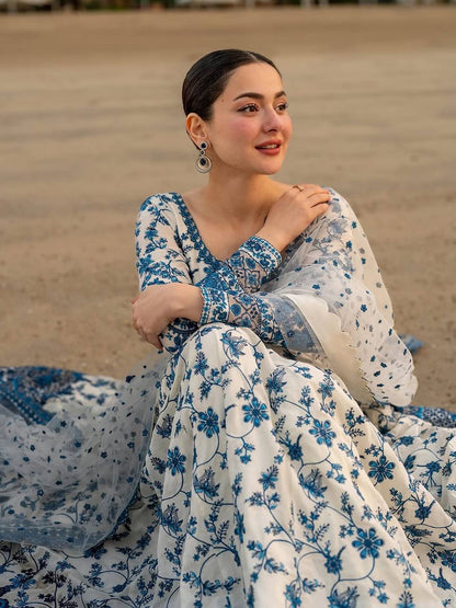 Designer Blue Color Georgette Embroidered Gown Set