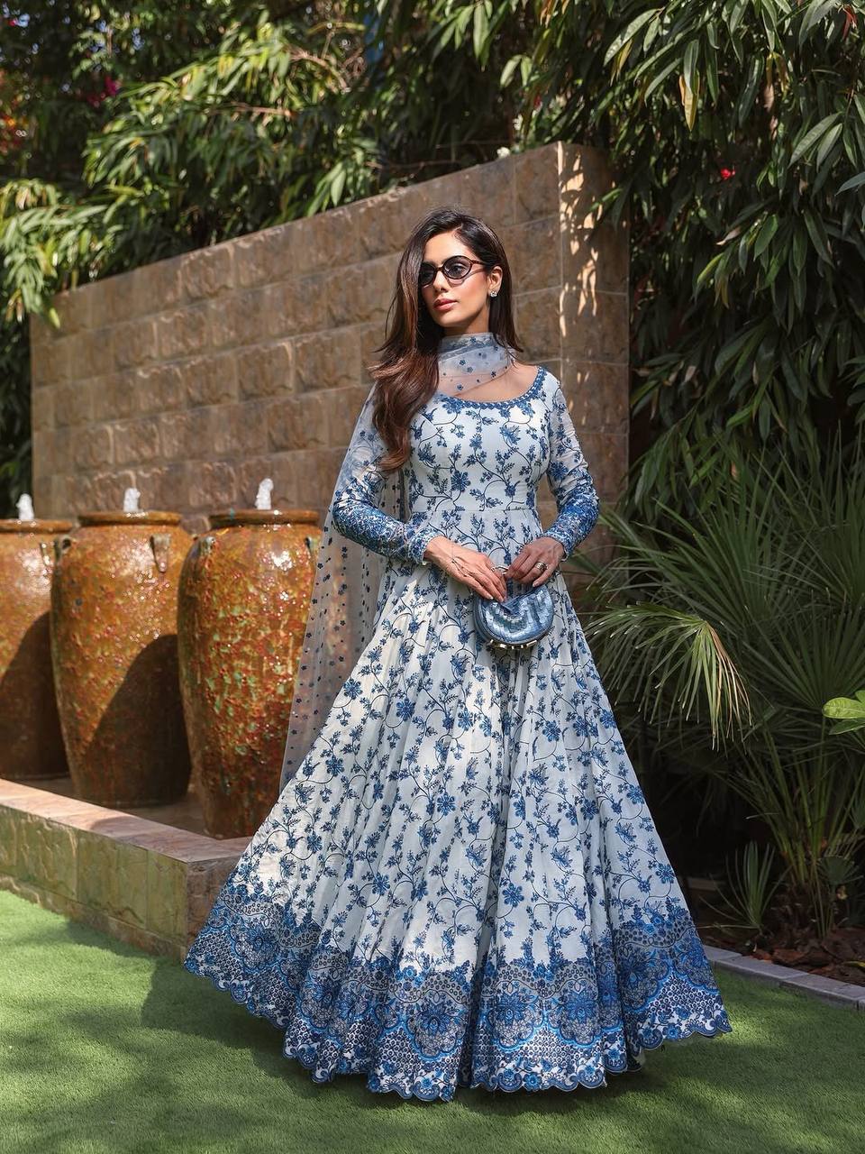 Designer Blue Color Georgette Embroidered Gown Set