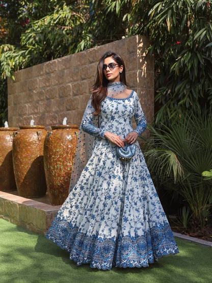 Designer Blue Color Georgette Embroidered Gown Set
