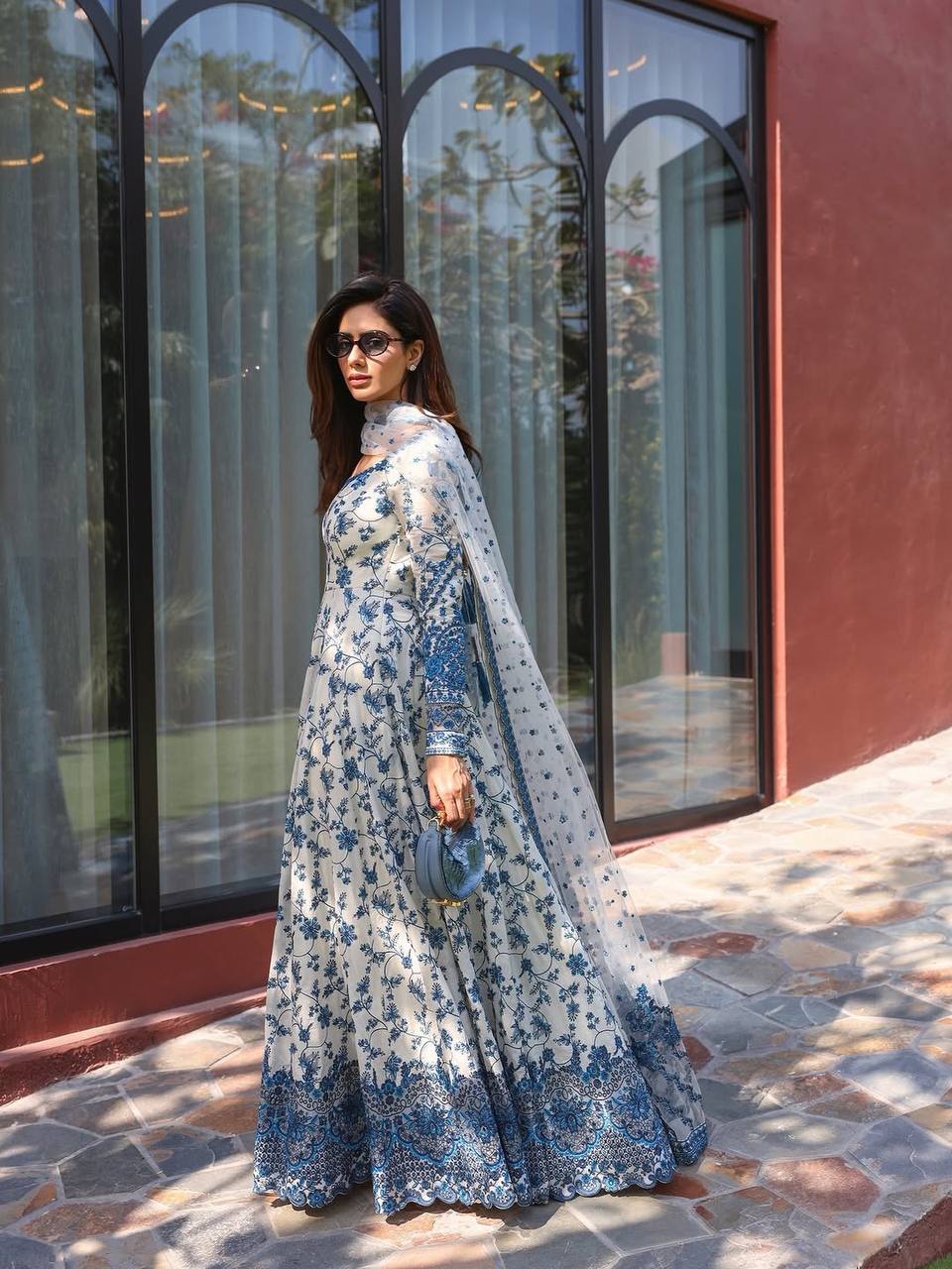 Designer Blue Color Georgette Embroidered Gown Set