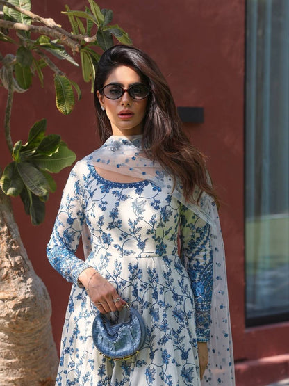 Designer Blue Color Georgette Embroidered Gown Set
