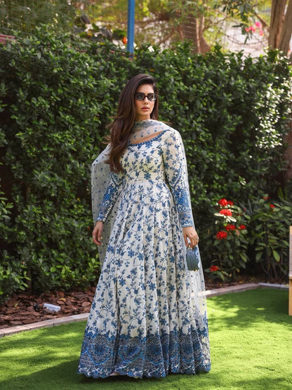Designer Blue Color Georgette Embroidered Gown Set