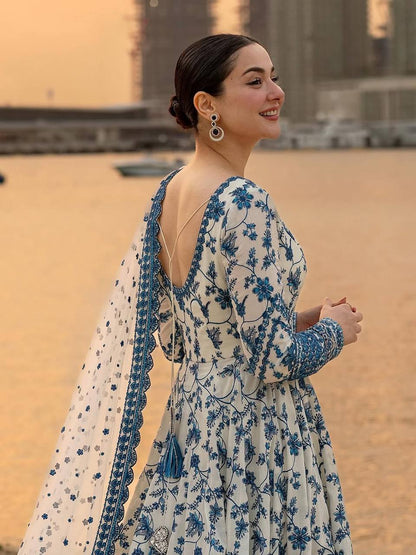 Designer Blue Color Georgette Embroidered Gown Set