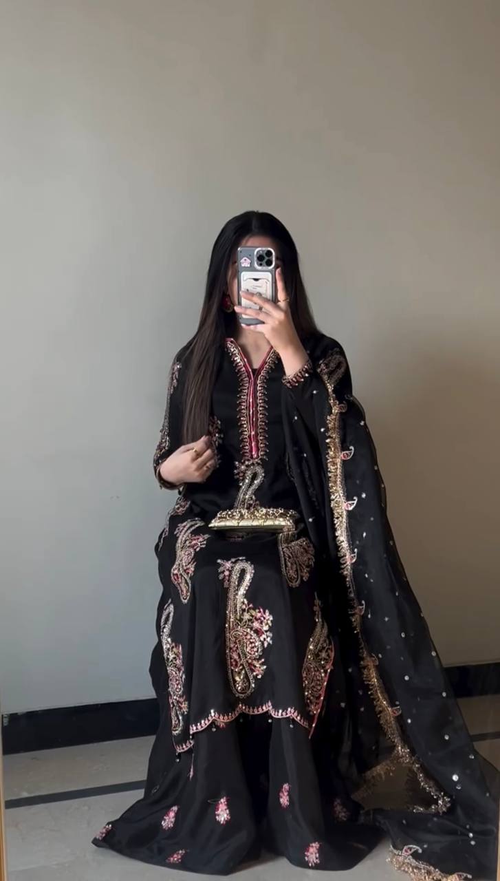 Party Wear Black Color Embroidered Top Plazzo Set With Dupatta