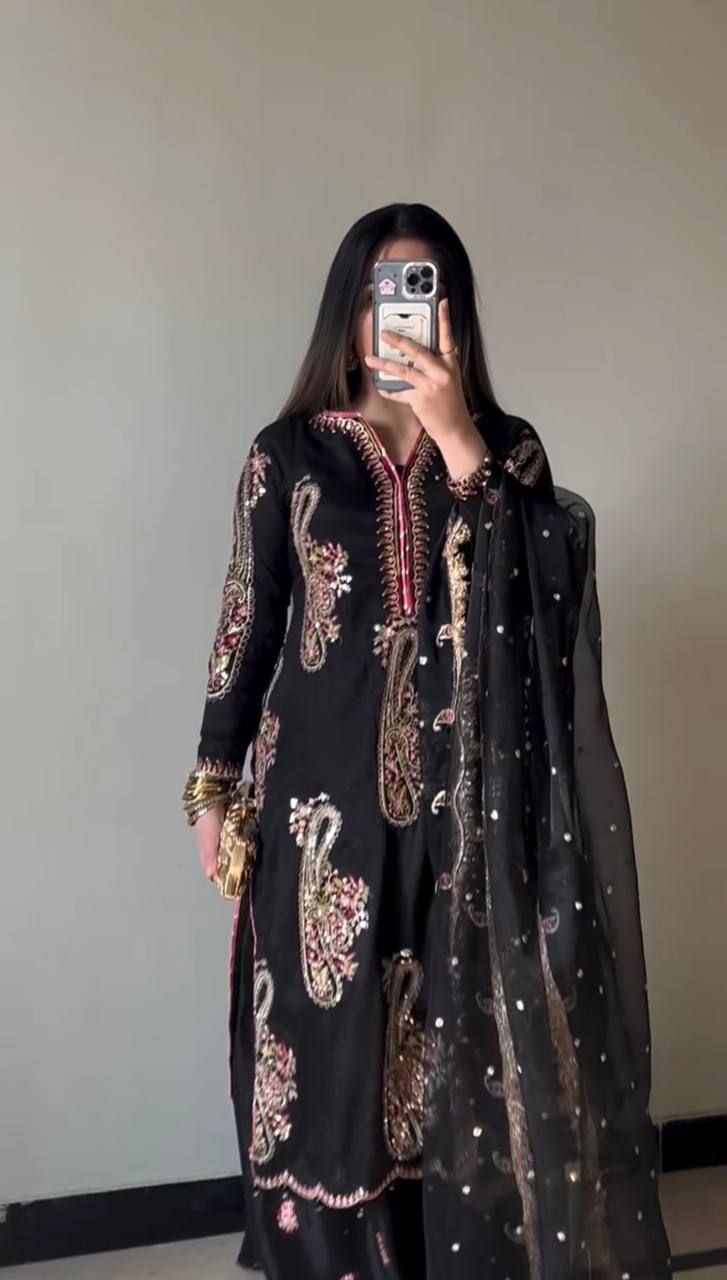Party Wear Black Color Embroidered Top Plazzo Set With Dupatta