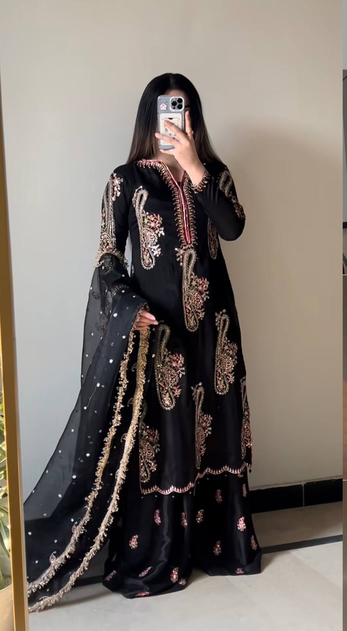 Party Wear Black Color Embroidered Top Plazzo Set With Dupatta
