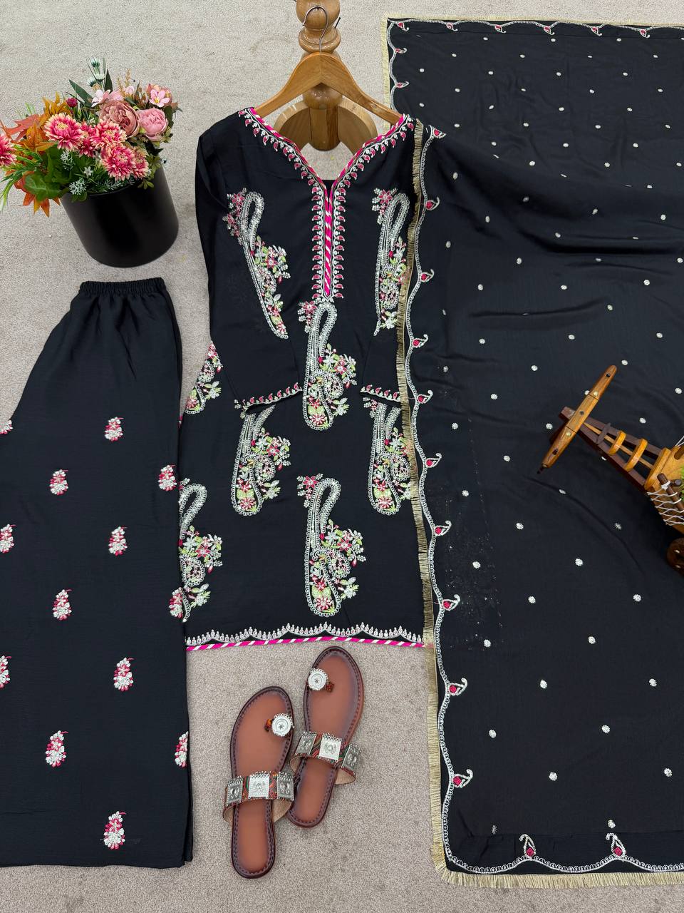 Party Wear Black Color Embroidered Top Plazzo Set With Dupatta