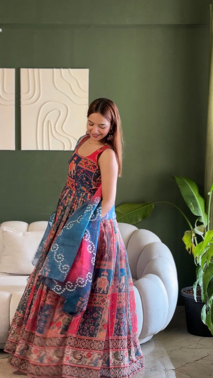 Beautiful Multi Soft Organza Patola Printed Anarkali Gown