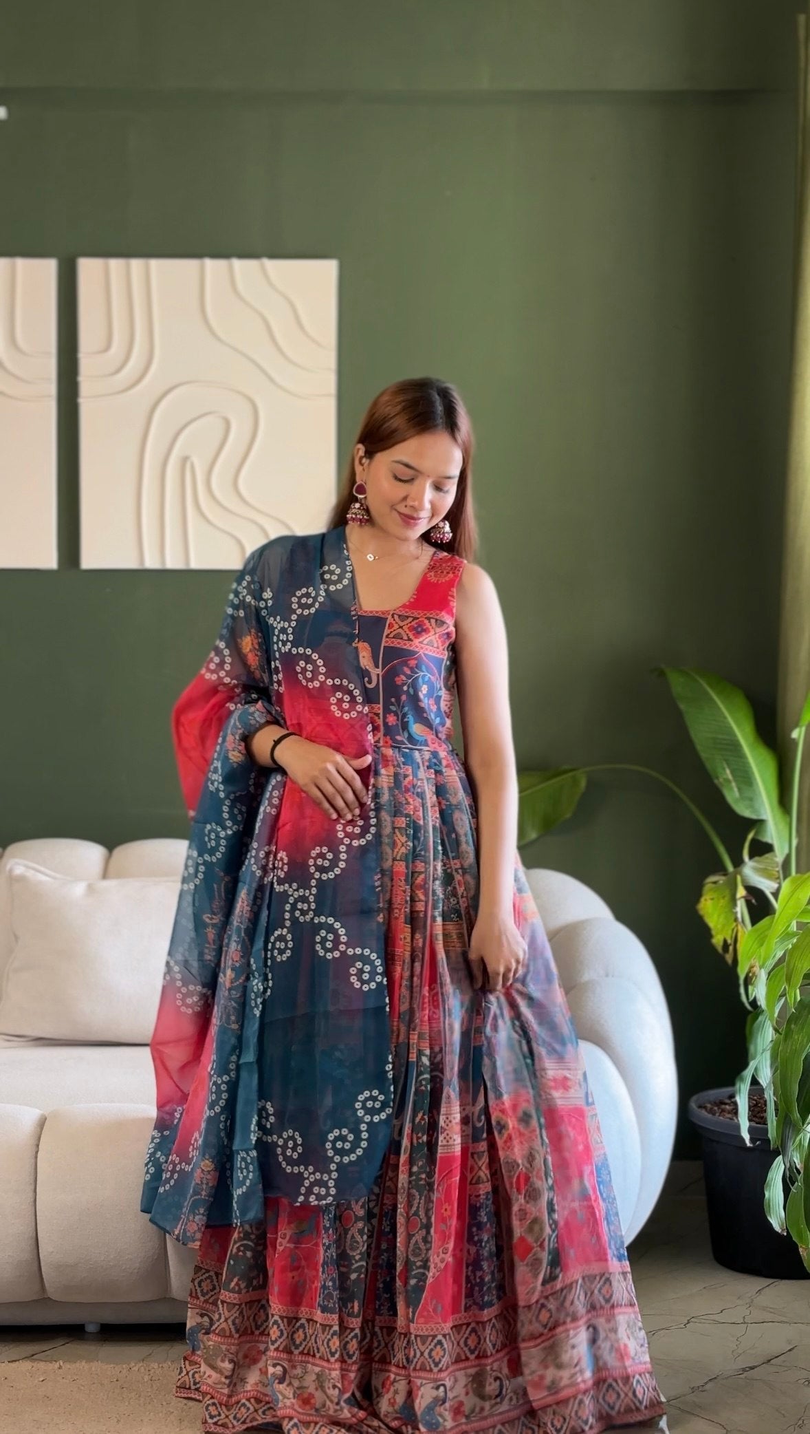 Beautiful Multi Soft Organza Patola Printed Anarkali Gown