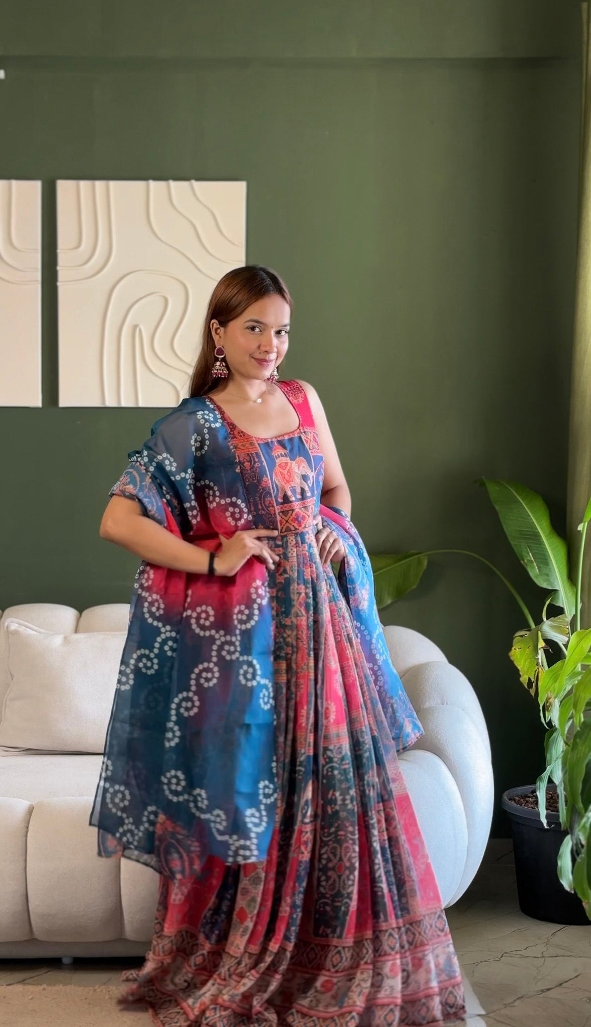 Beautiful Multi Soft Organza Patola Printed Anarkali Gown