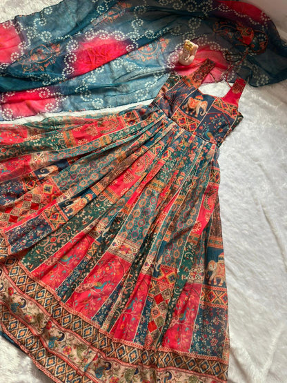 Beautiful Multi Soft Organza Patola Printed Anarkali Gown
