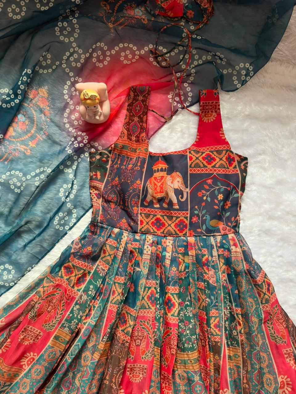 Beautiful Multi Soft Organza Patola Printed Anarkali Gown