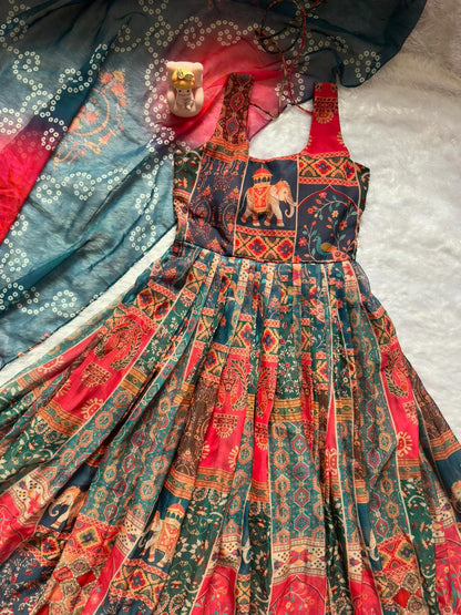 Beautiful Multi Soft Organza Patola Printed Anarkali Gown