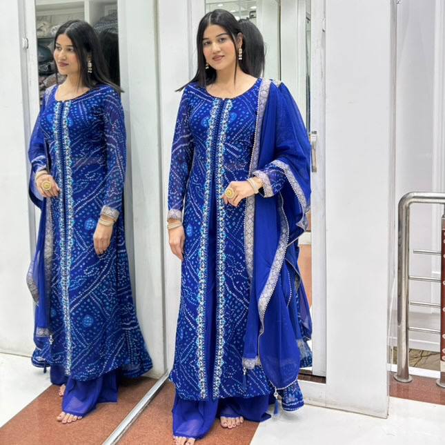Blissful Blue Color Heavy Faux Georgette Fancy Digital Print With Embroidery Sequins Work Palazzo Suit