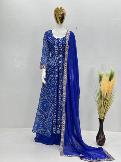Blissful Blue Color Heavy Faux Georgette Fancy Digital Print With Embroidery Sequins Work Palazzo Suit