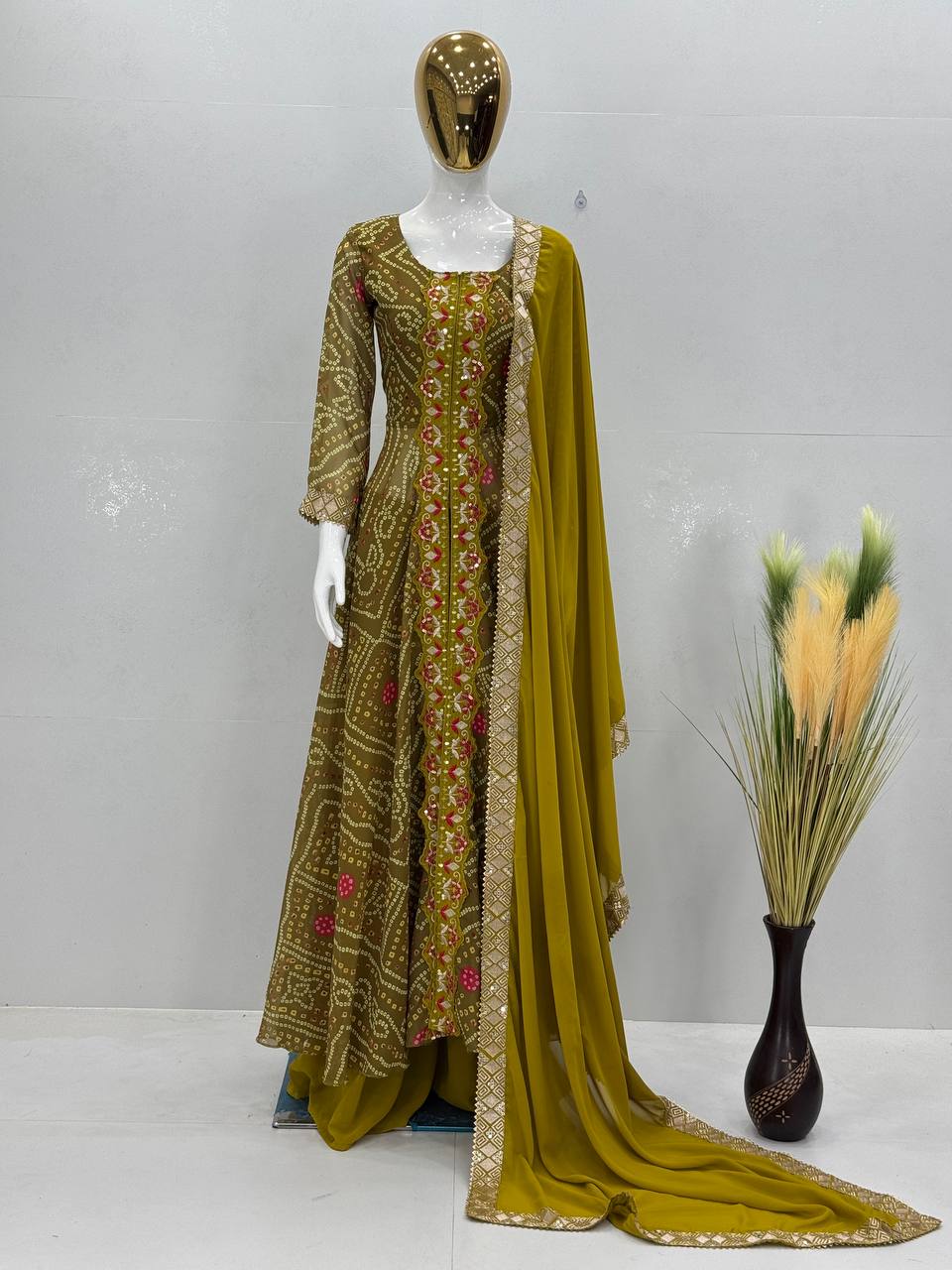 Ravishing Mustard Color Heavy Faux Georgette Fancy Digital Print With Embroidery Sequins Work Palazzo Suit