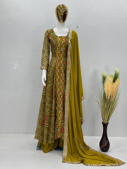 Ravishing Mustard Color Heavy Faux Georgette Fancy Digital Print With Embroidery Sequins Work Palazzo Suit